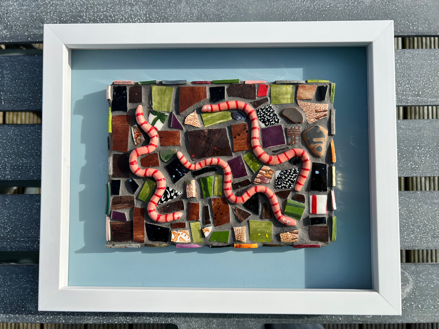 Cute Worms Mosaic Picture. Handmade Ceramic Mosaic Wall Art. Mosaic Tile .Earthworms Art.