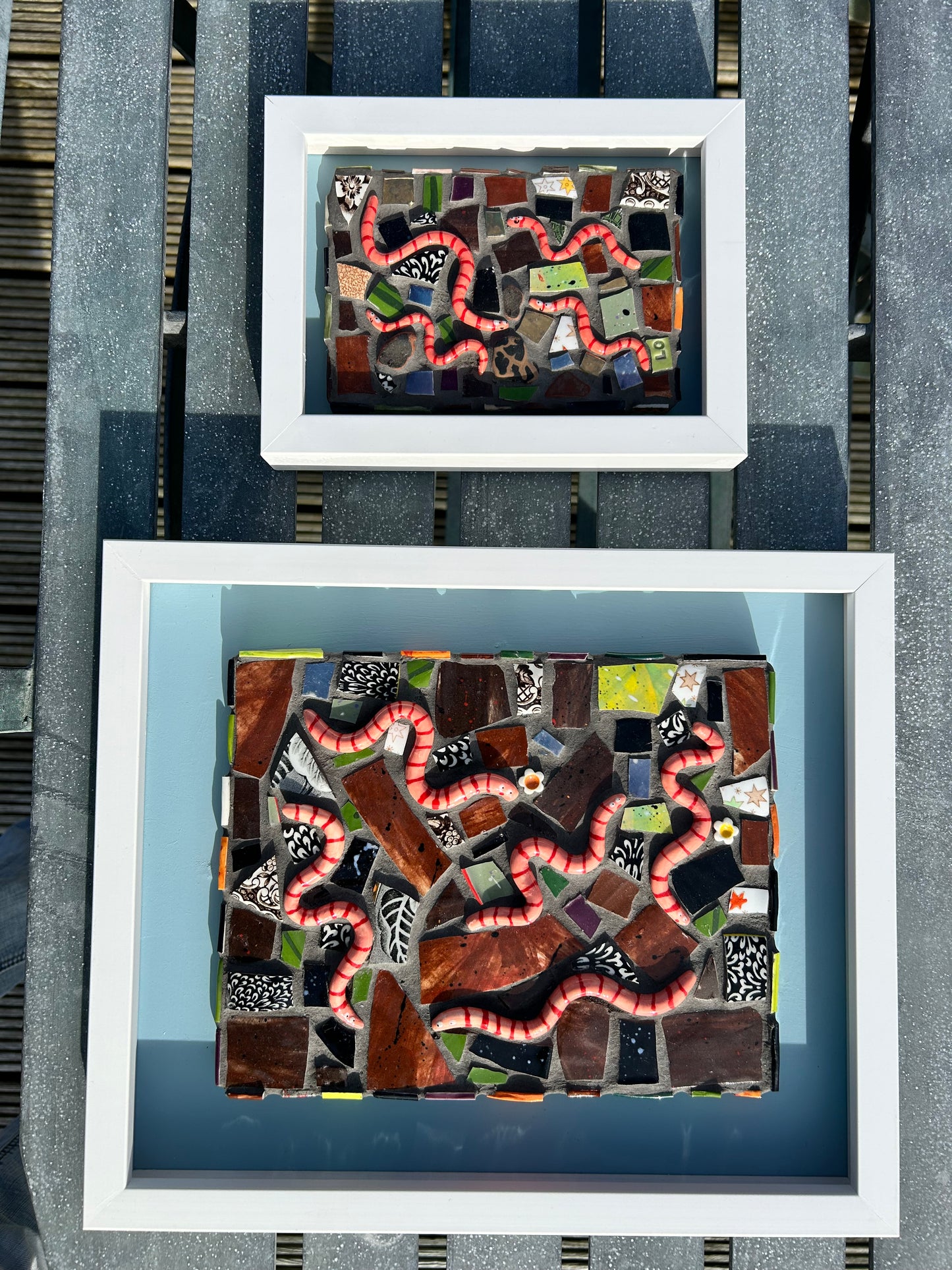 Cute Worms Mosaic Picture. Handmade Ceramic Mosaic Wall Art. Mosaic Tile .Earthworms Art.