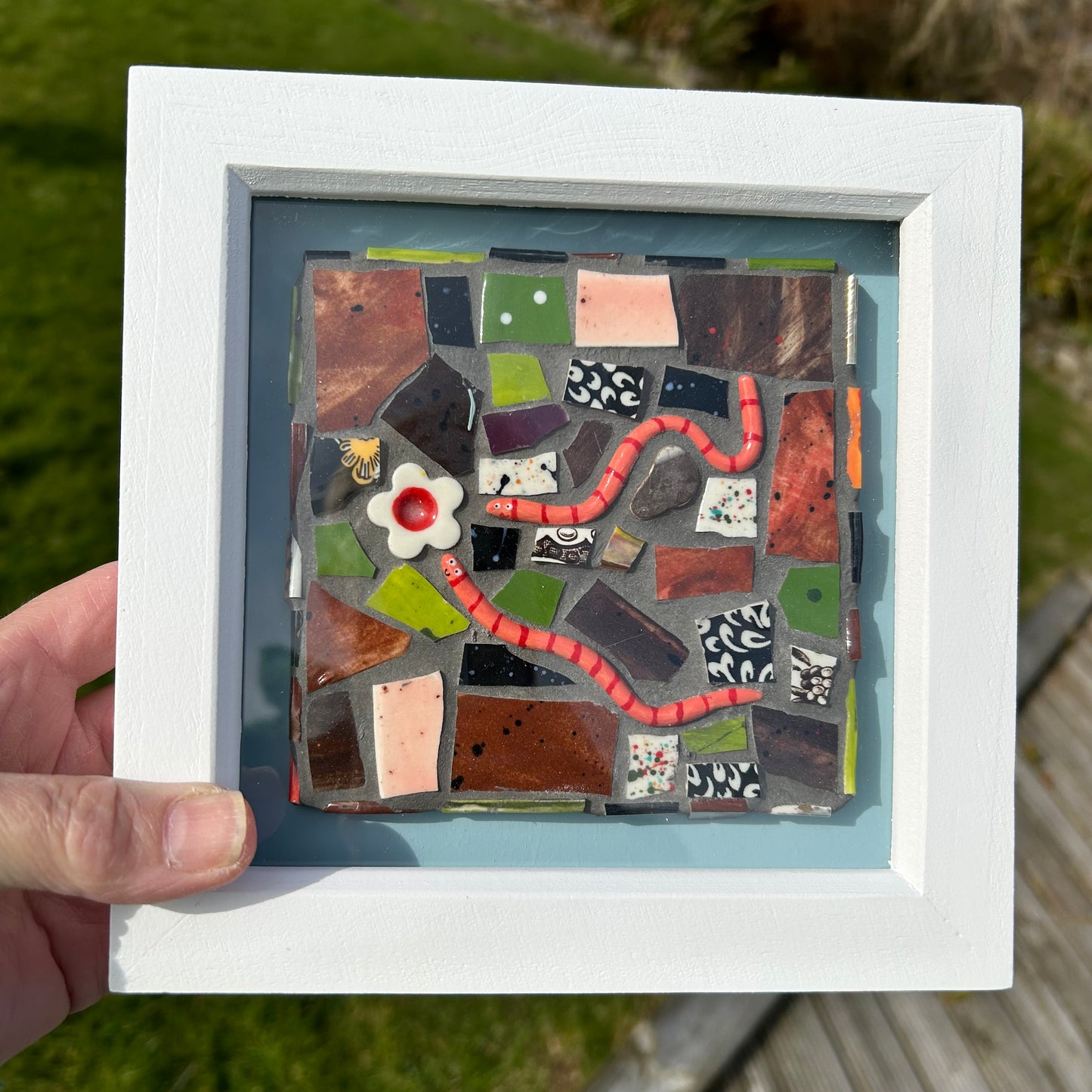 Cute Worms Mosaic Picture. Handmade Ceramic Mosaic Wall Art. Mosaic Tile .Earthworms Art.