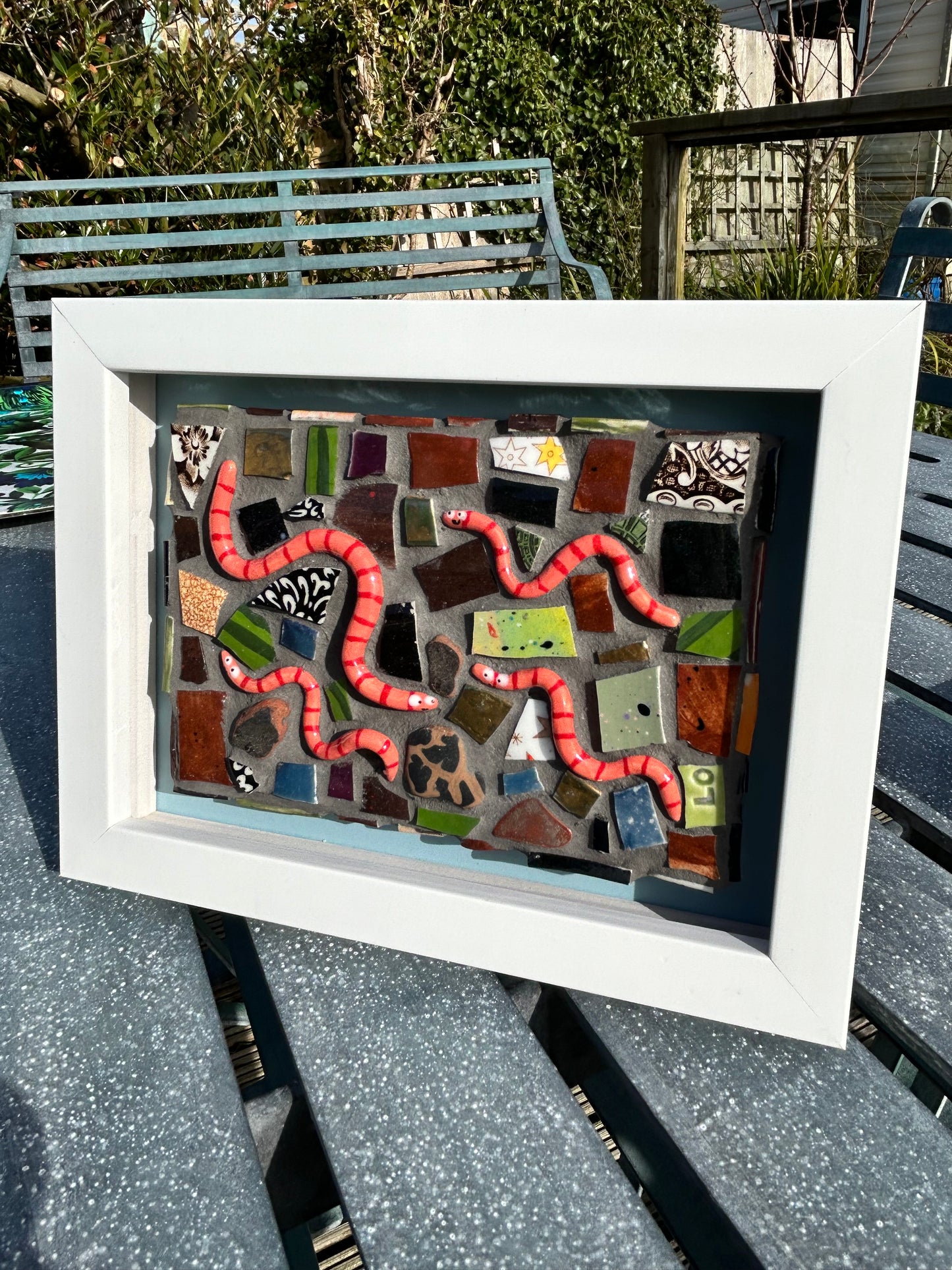 Cute Worms Mosaic Picture. Handmade Ceramic Mosaic Wall Art. Mosaic Tile .Earthworms Art.