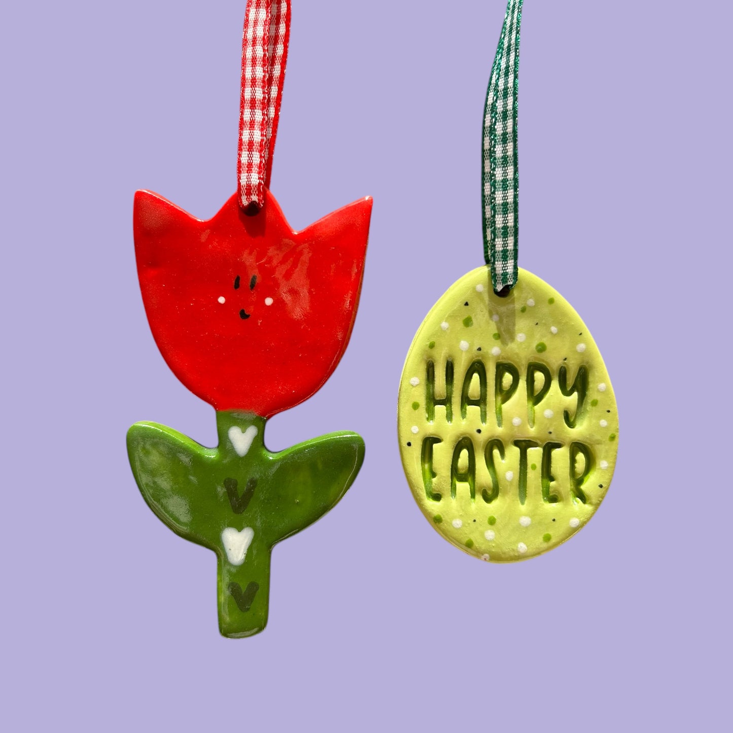 Easter Ceramic Decorations Set.Handmade Ceramic Tulip And Easter Egg with Happy Easter.Easter Gift Set.