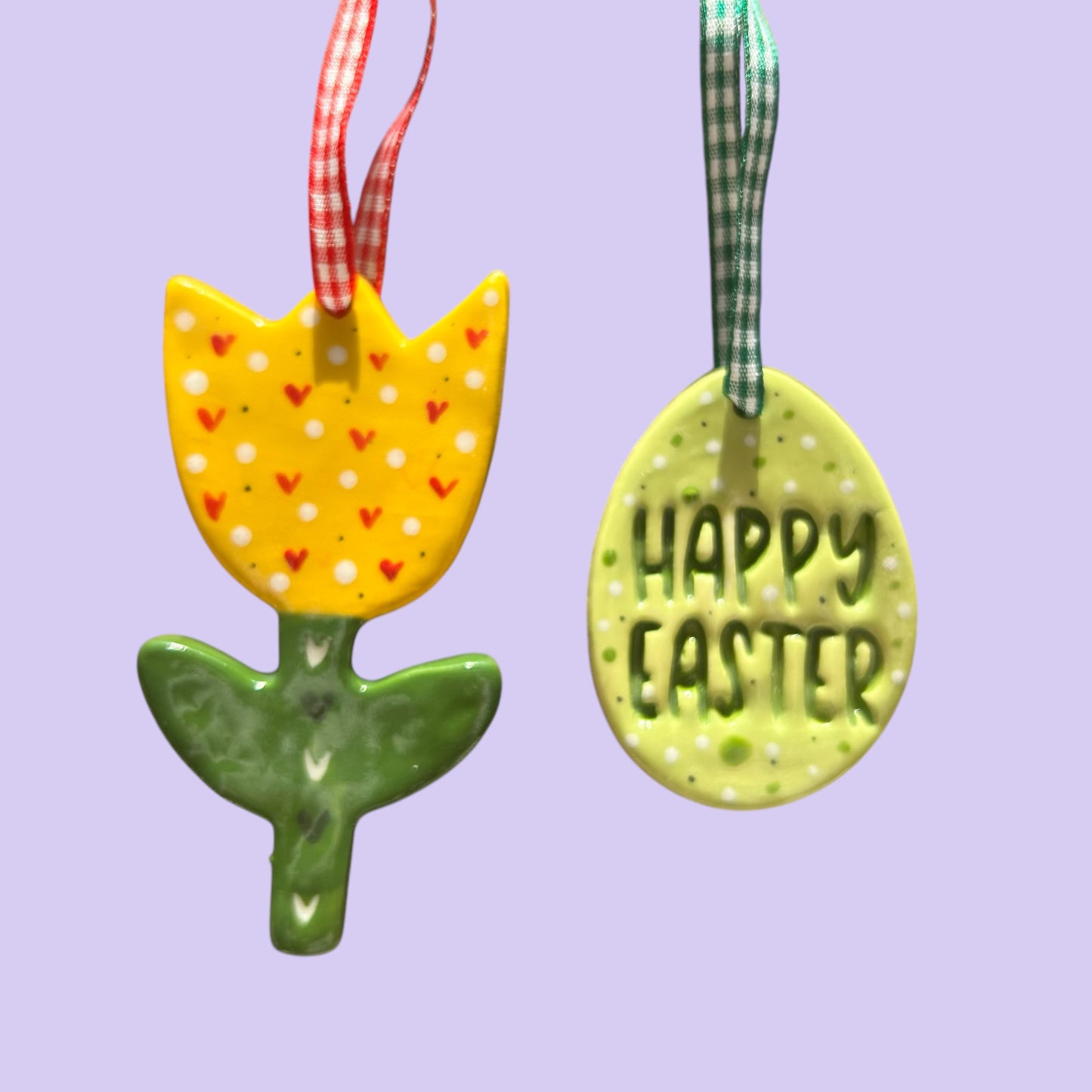 Easter Ceramic Decorations Set.Handmade Ceramic Tulip And Easter Egg with Happy Easter.Easter Gift Set.