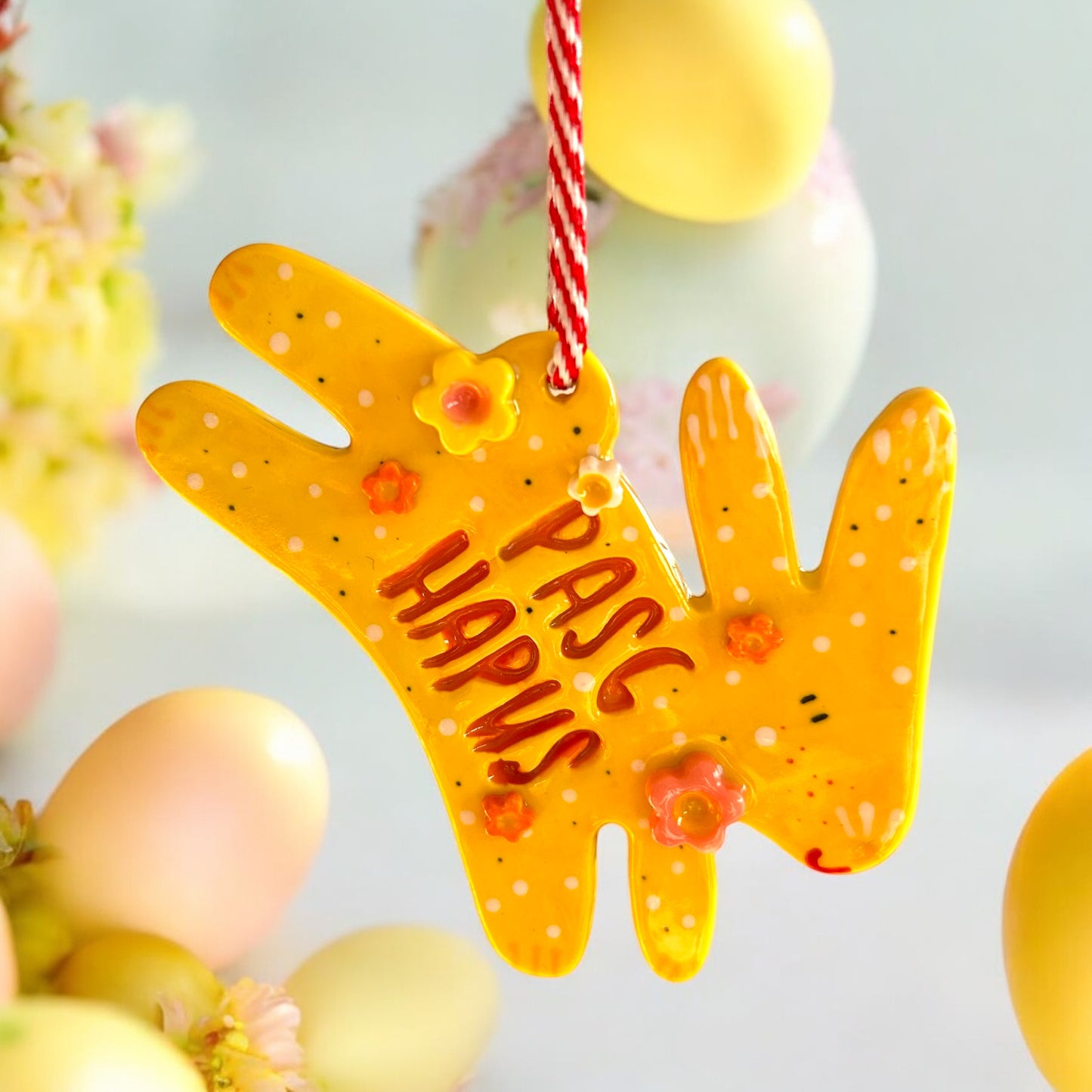 Welsh Ceramic Happy Easter Bunny Decoration. Pasg Hapus /Happy Easter. Welsh Easter Gift.