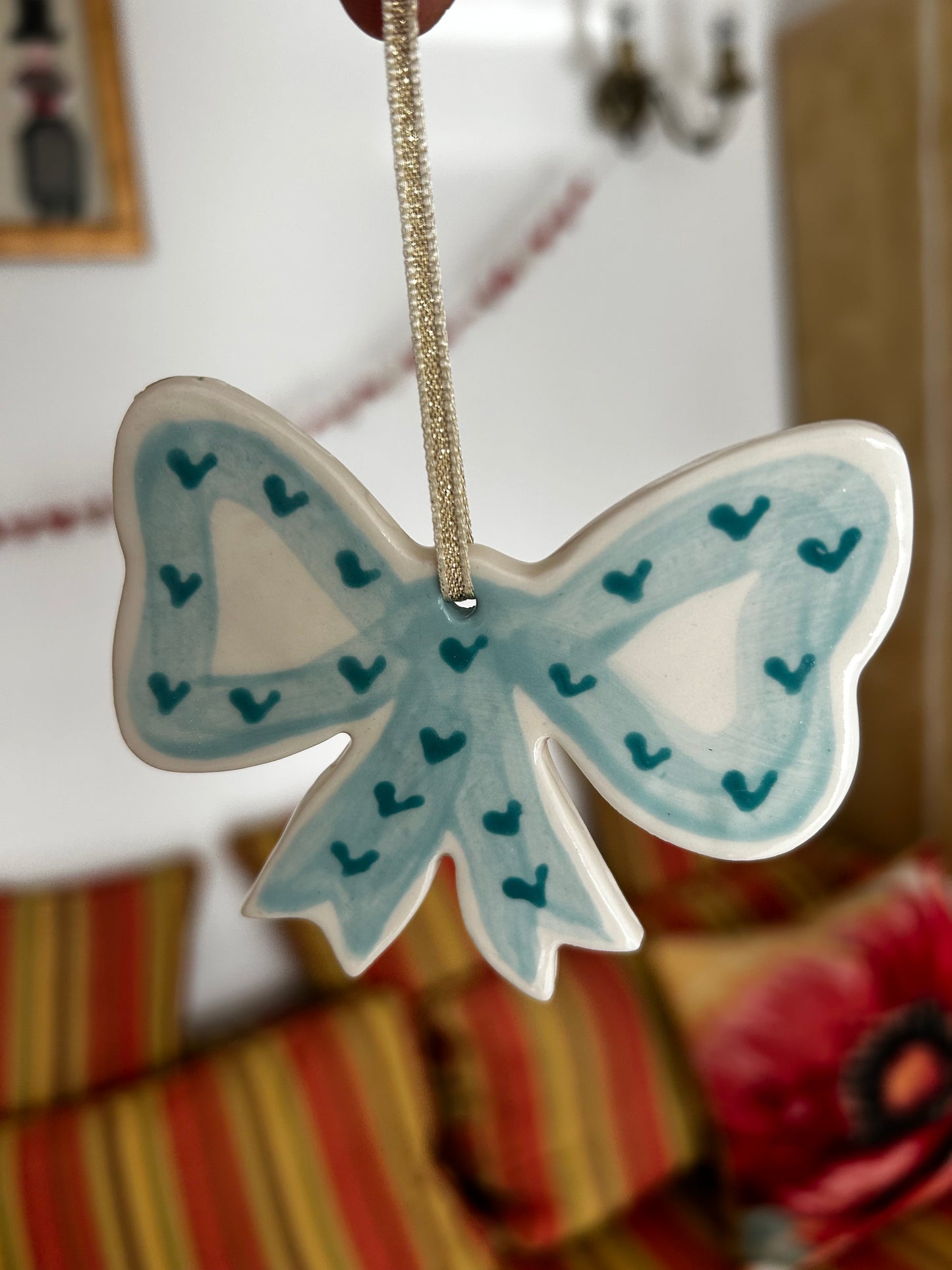 Red/Blue Bow Ceramic Hanging Decoration. Love Hearts Bow Ceramic Ornament.