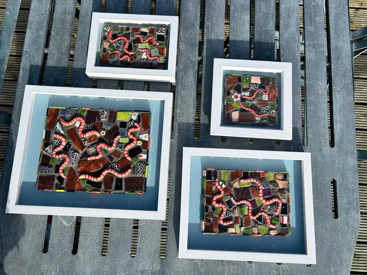 Cute Worms Mosaic Picture. Handmade Ceramic Mosaic Wall Art. Mosaic Tile .Earthworms Art.