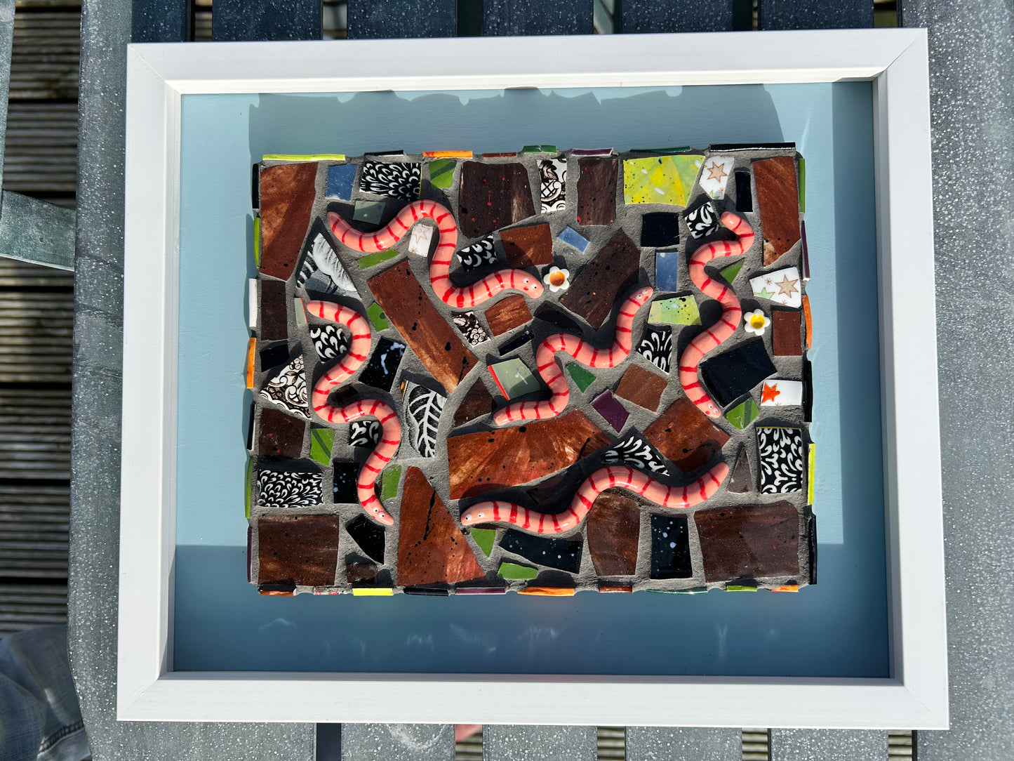 Cute Worms Mosaic Picture. Handmade Ceramic Mosaic Wall Art. Mosaic Tile .Earthworms Art.
