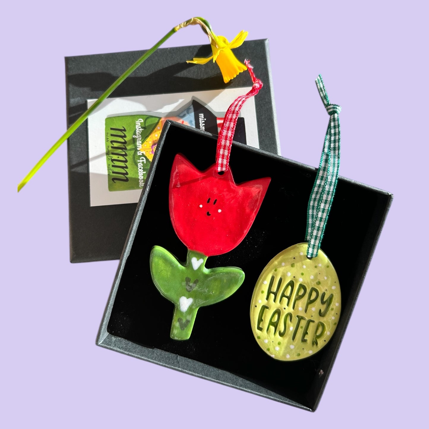 Easter Ceramic Decorations Set.Handmade Ceramic Tulip And Easter Egg with Happy Easter.Easter Gift Set.