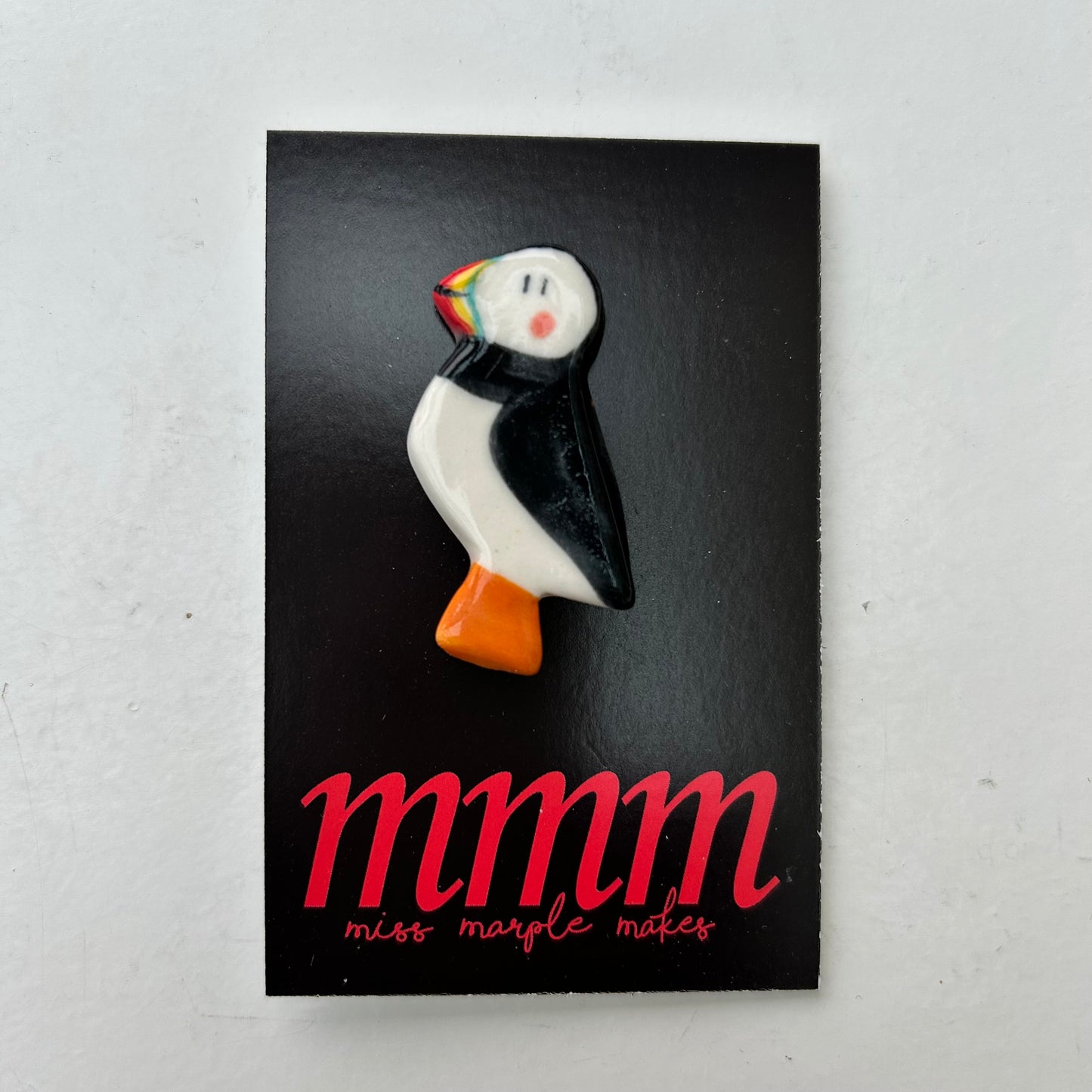 Puffin Ceramic Brooch/pin/button/badge.Ceramic/Porcelain.Animal jewellery.Handmade in Wales ,Uk