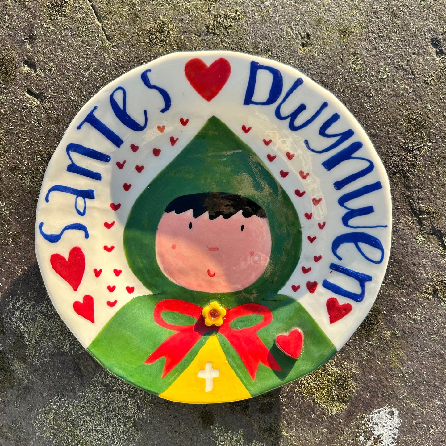 Santes Dwynwen Decorative Handmade Ceramic Plate.Cute Welsh Valentines Gift.Welsh tradition.Wall Hanging /Ornamental Plate.