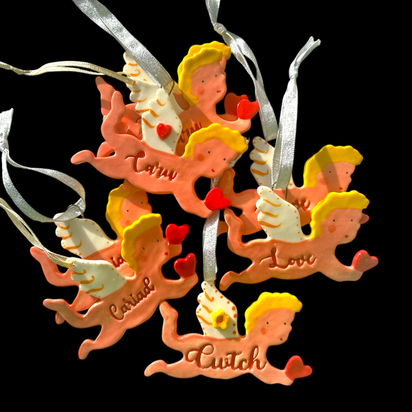 Love Cherub ceramic Decoration.Hanging porcelain Valentines ornament. Cariad.Caru.Love.Cwtch.Romantic Gift.Gift for wife/husband.Welsh language