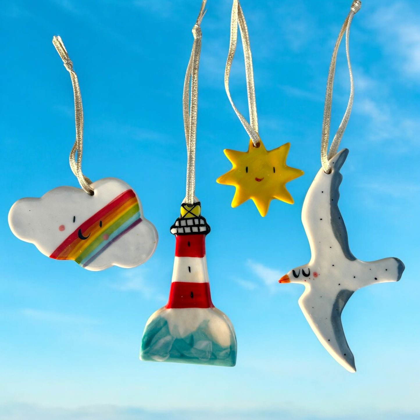 Ceramic Seaside Gift Set.Rainbow Cloud,Lighthouse,Seagull and Sun.Ceramic Hanging Decorations for Bathroom.Decoration for mobile.