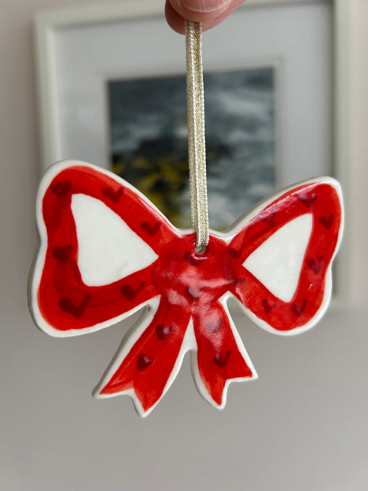 Red/Blue Bow Ceramic Hanging Decoration. Love Hearts Bow Ceramic Ornament.