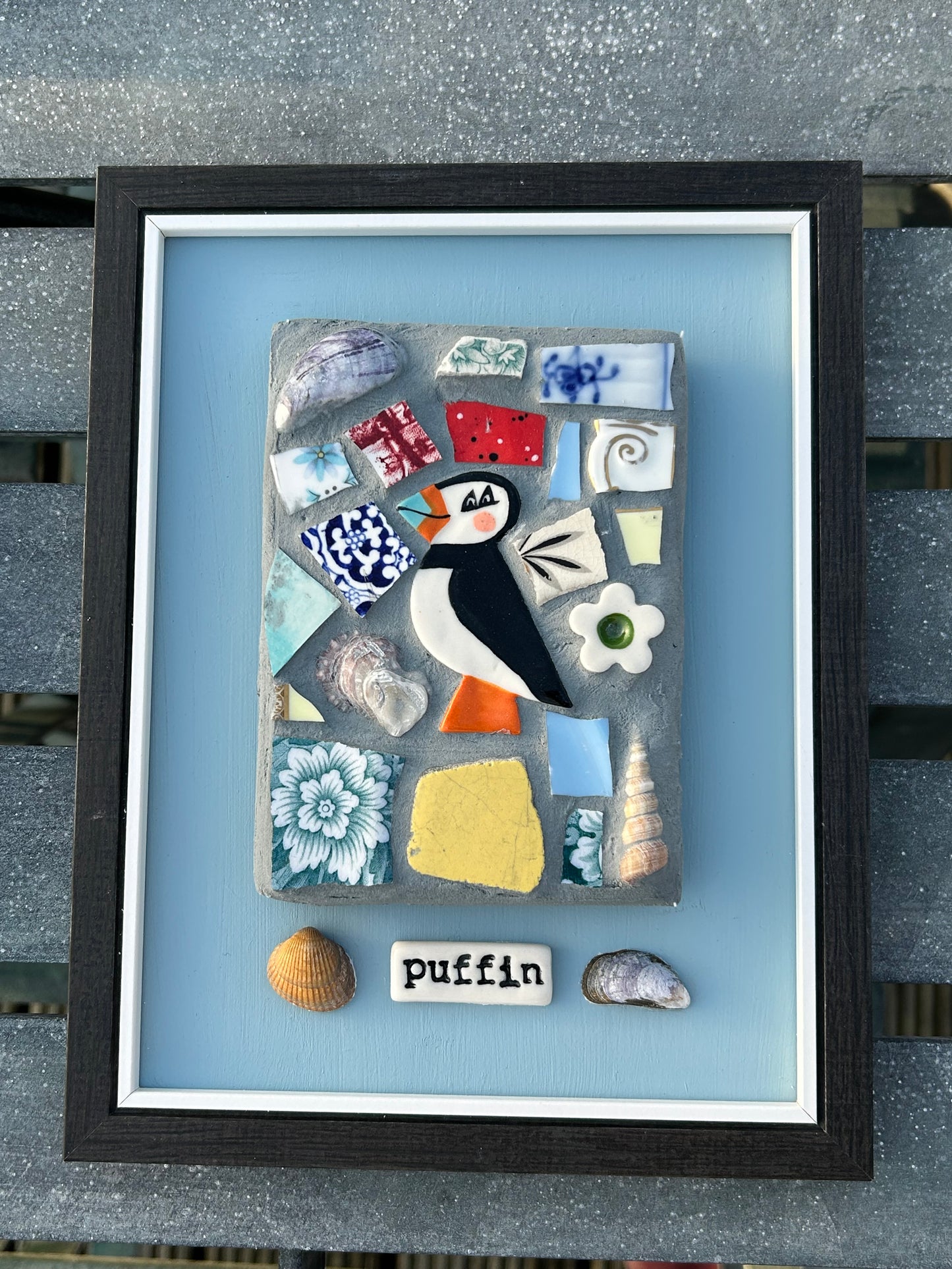 Puffin Mosaic Picture.Handmade Ceramic Mosaic Wall Art.Seaside theme.