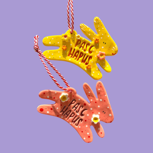 Welsh Ceramic Happy Easter Bunny Decoration. Pasg Hapus /Happy Easter. Welsh Easter Gift.