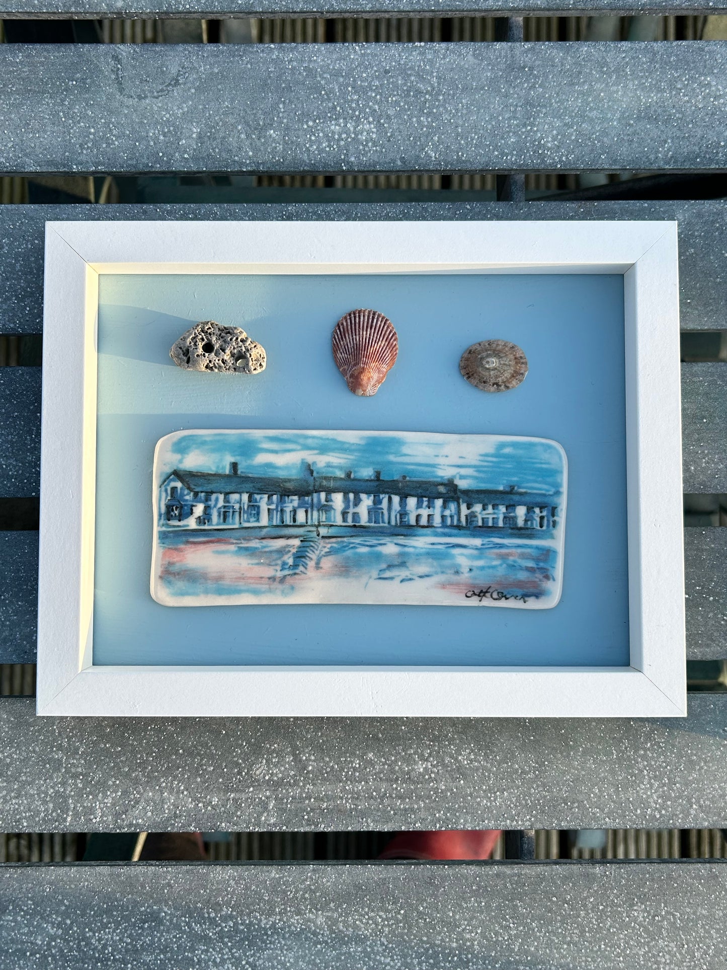 Seaside Houses with Shells Picture.Handmade Ceramic Wall Art.Llanfairfechan Beach.