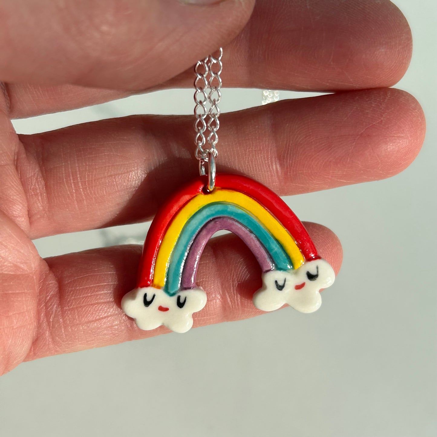 Rainbow ceramic pendant necklace.Cute Rainbow Pendant.Porcelain Necklace.Handmade in Wales,Uk.