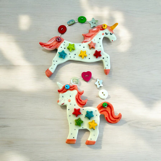 Rainbow Unicorn Decoration.Hanging Ceramic Decoration/ornament.Porcelain Unicorn with stars and buttons.Gift for Girl.Handmade