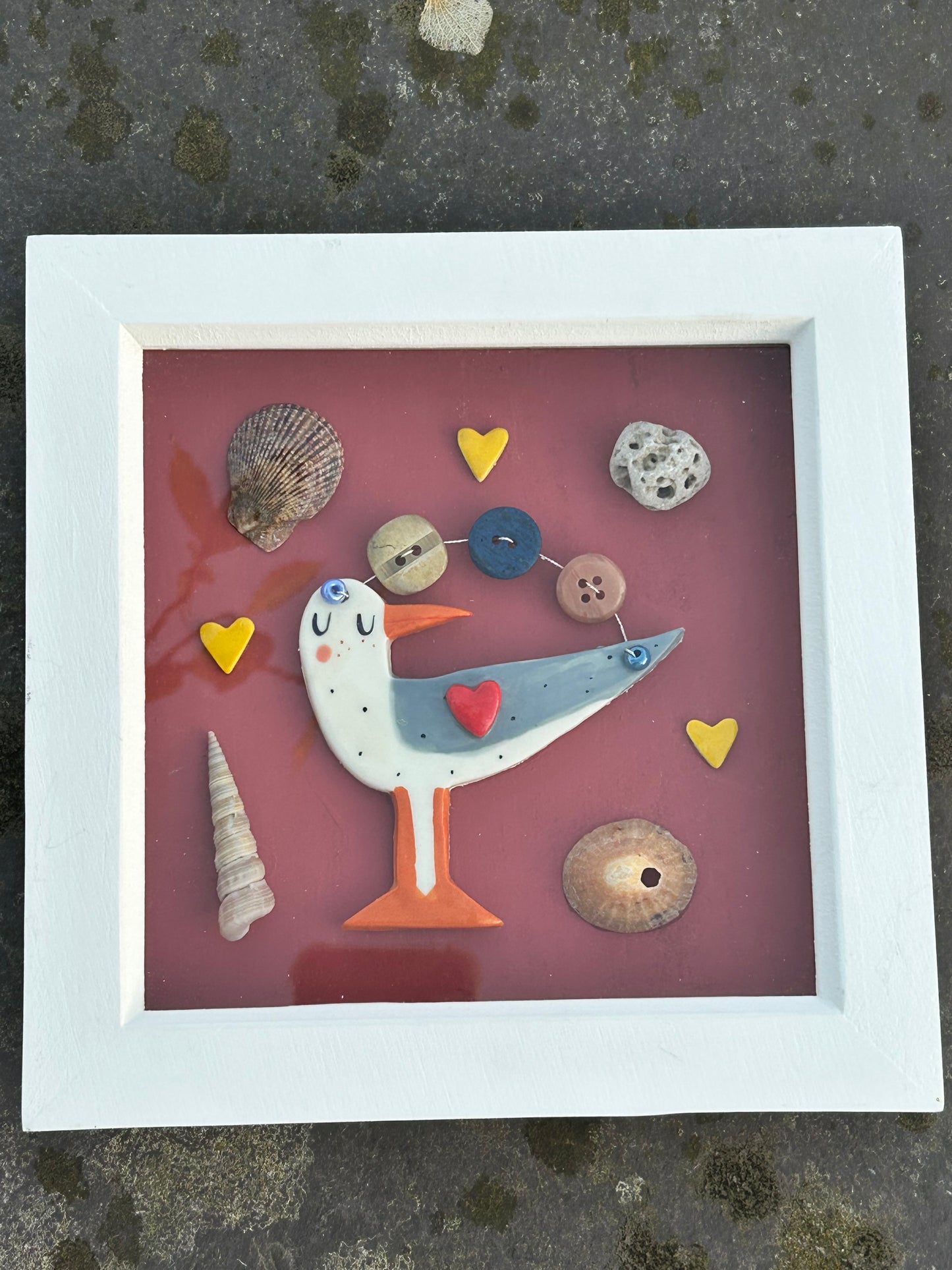 Seagull with Shells Picture. Handmade Ceramic Wall Art.Seaside Theme Gift.