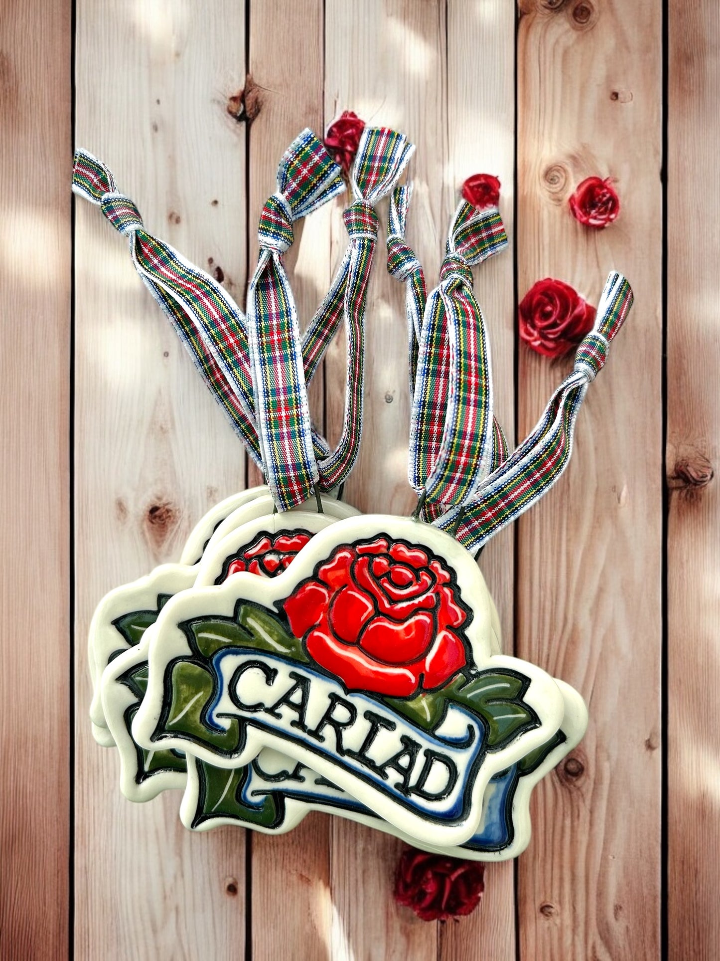 Romantic Tatoo Style Ceramic Decoration .Welsh Rose Decoration with Cariad (My Love).Santes Dwynwen gift.Ceramic Love Heart with a dagger Ornament with Ribbon.