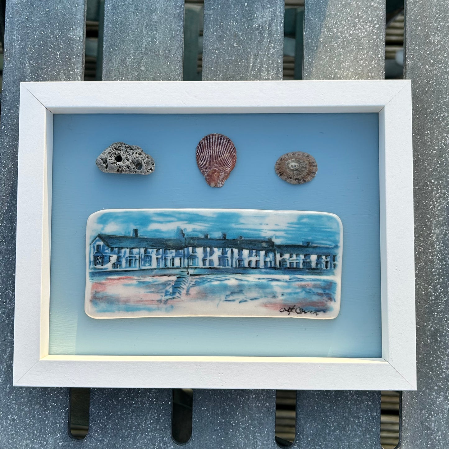 Seaside Houses with Shells Picture.Handmade Ceramic Wall Art.Llanfairfechan Beach.