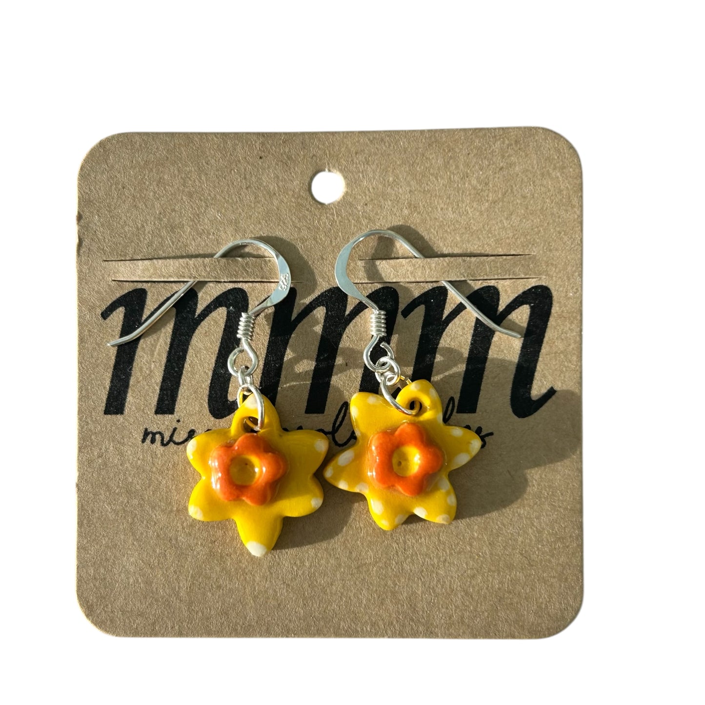 Ceramic Daffodil Dangle Earrings.Sterling Silver.Welsh Earrings Gift.Flower Jewellery .Spring Flowers.