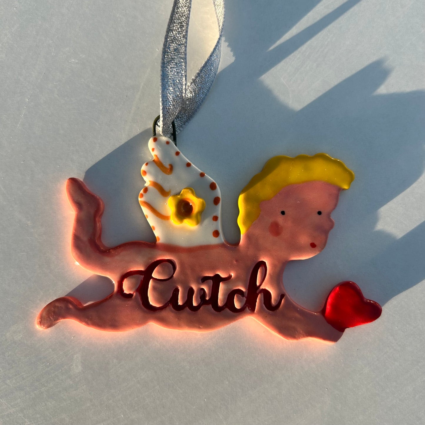 Love Cherub ceramic Decoration.Hanging porcelain Valentines ornament. Cariad.Caru.Love.Cwtch.Romantic Gift.Gift for wife/husband.Welsh language