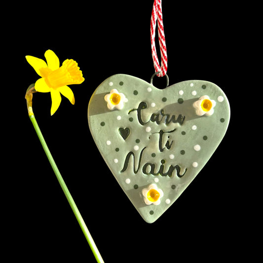 Welsh Love Heart Ceramic Decorations for Mothers Day.Caru Ti Nain Heart Ornament.Love you Grandma Gift.