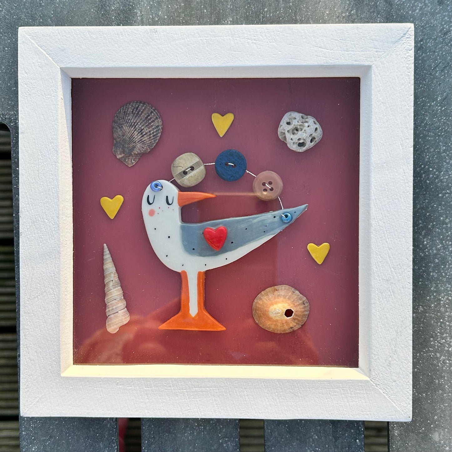 Seagull with Shells Picture. Handmade Ceramic Wall Art.Seaside Theme Gift.