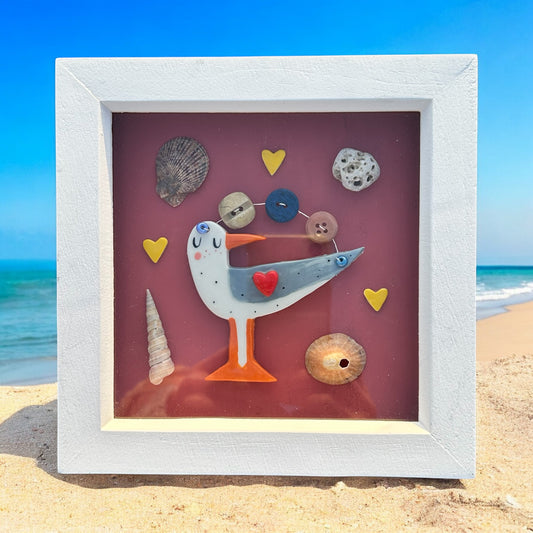 Seagull with Shells Picture. Handmade Ceramic Wall Art.Seaside Theme Gift.