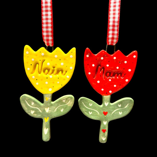 Welsh Tulip Ceramic Decoration for Mothers Day.Nain or Mam Ornament. Grandma/Mum Gift.