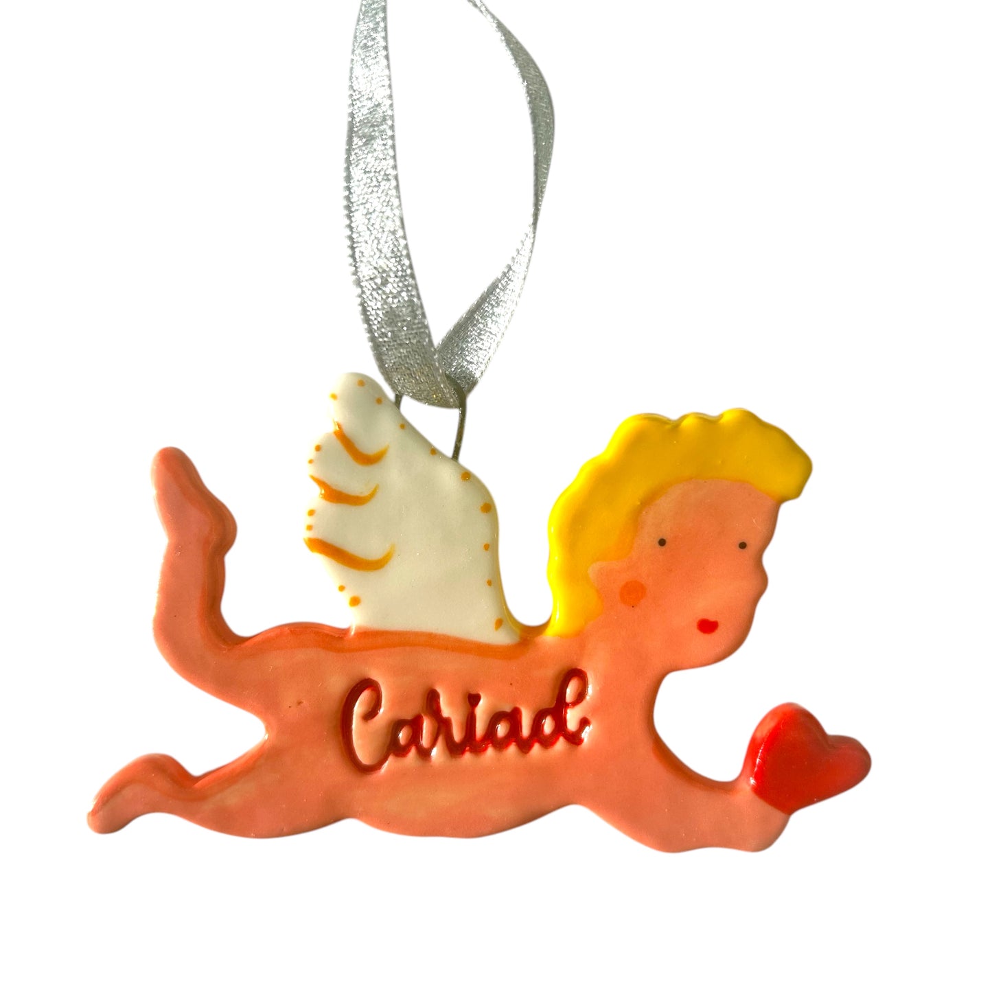 Love Cherub ceramic Decoration.Hanging porcelain Valentines ornament. Cariad.Caru.Love.Cwtch.Romantic Gift.Gift for wife/husband.Welsh language