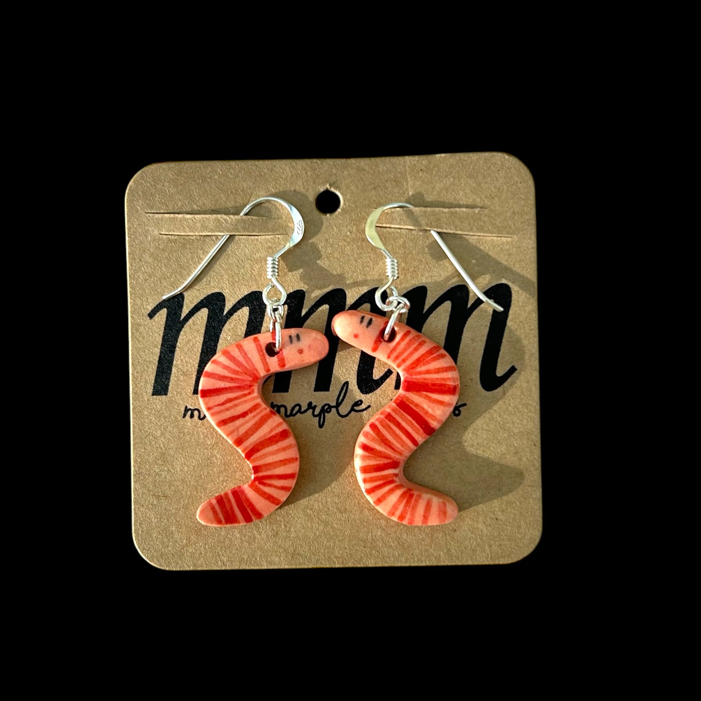 Wriggly Worm Ceramic Earrings .Sterling Silver Wendolene Worm Drop Earrings.Handmade Ceramic Jewellery.