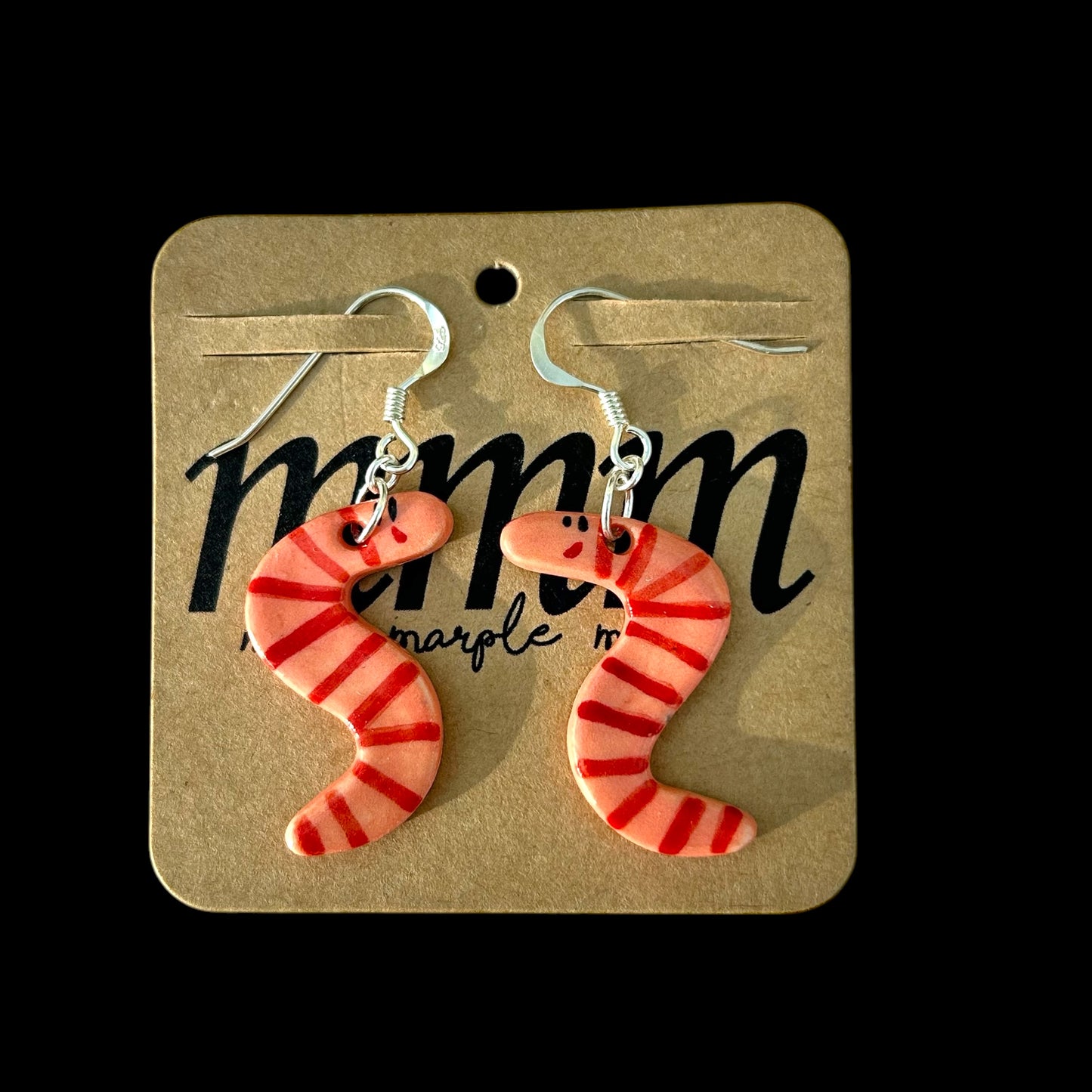 Wriggly Worm Ceramic Earrings .Sterling Silver Wendolene Worm Drop Earrings.Handmade Ceramic Jewellery.