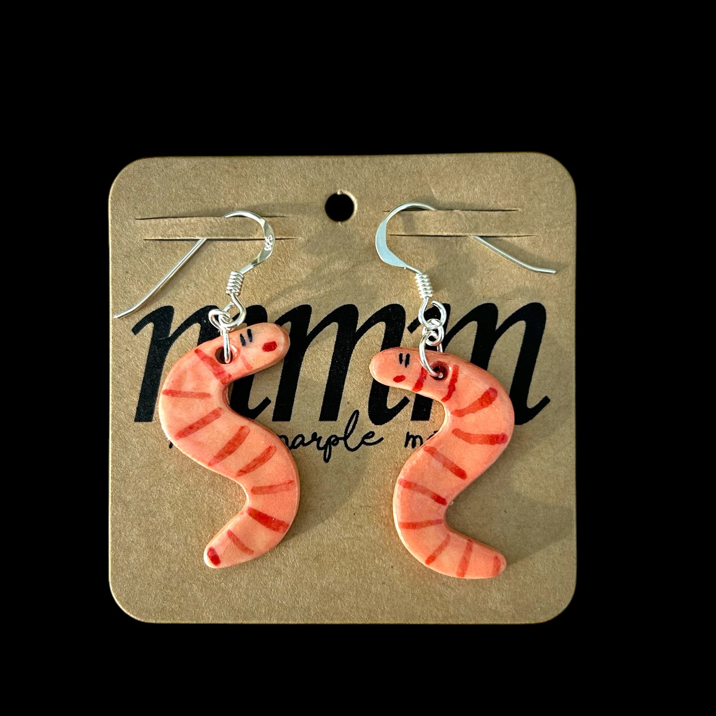 Wriggly Worm Ceramic Earrings .Sterling Silver Wendolene Worm Drop Earrings.Handmade Ceramic Jewellery.