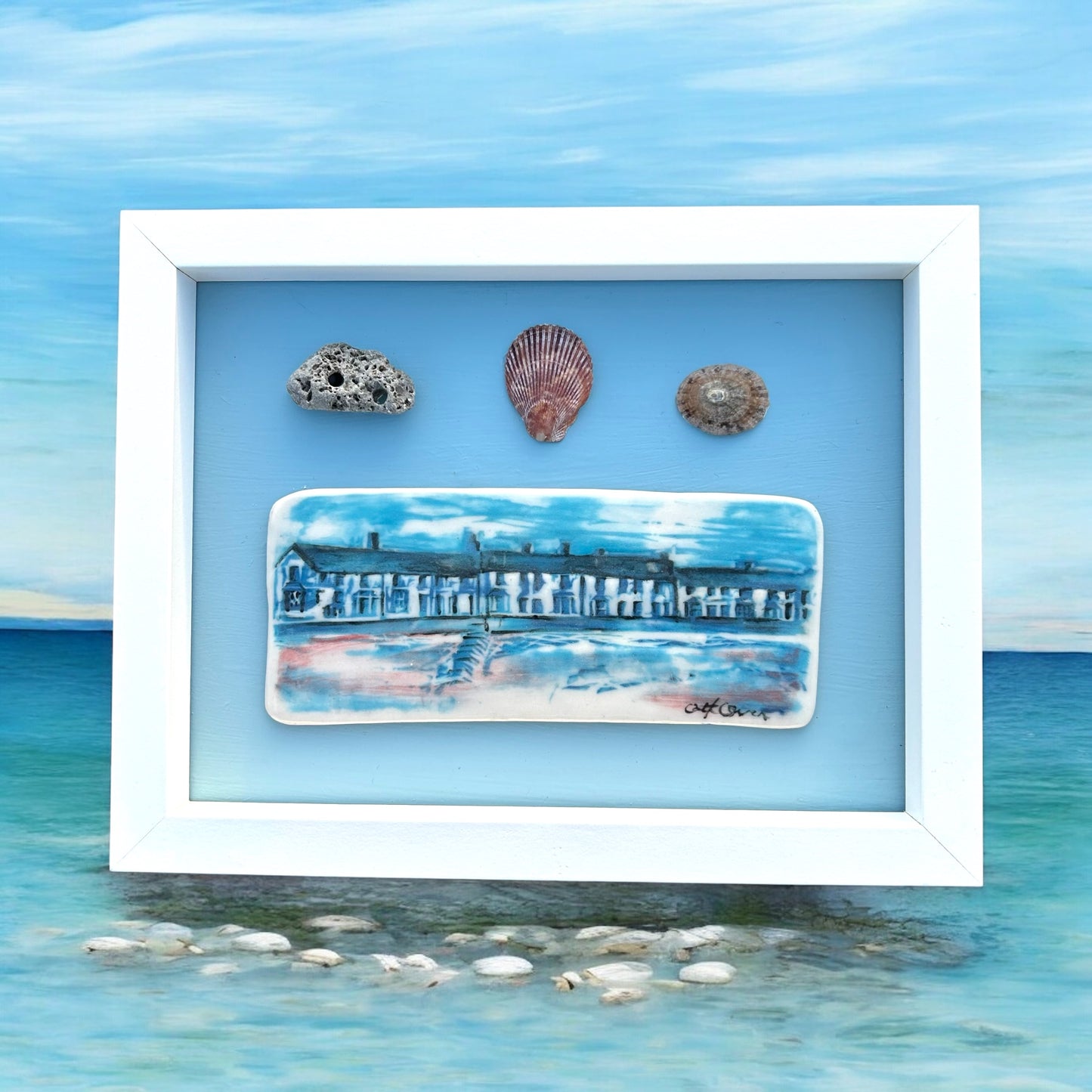 Seaside Houses with Shells Picture.Handmade Ceramic Wall Art.Llanfairfechan Beach.