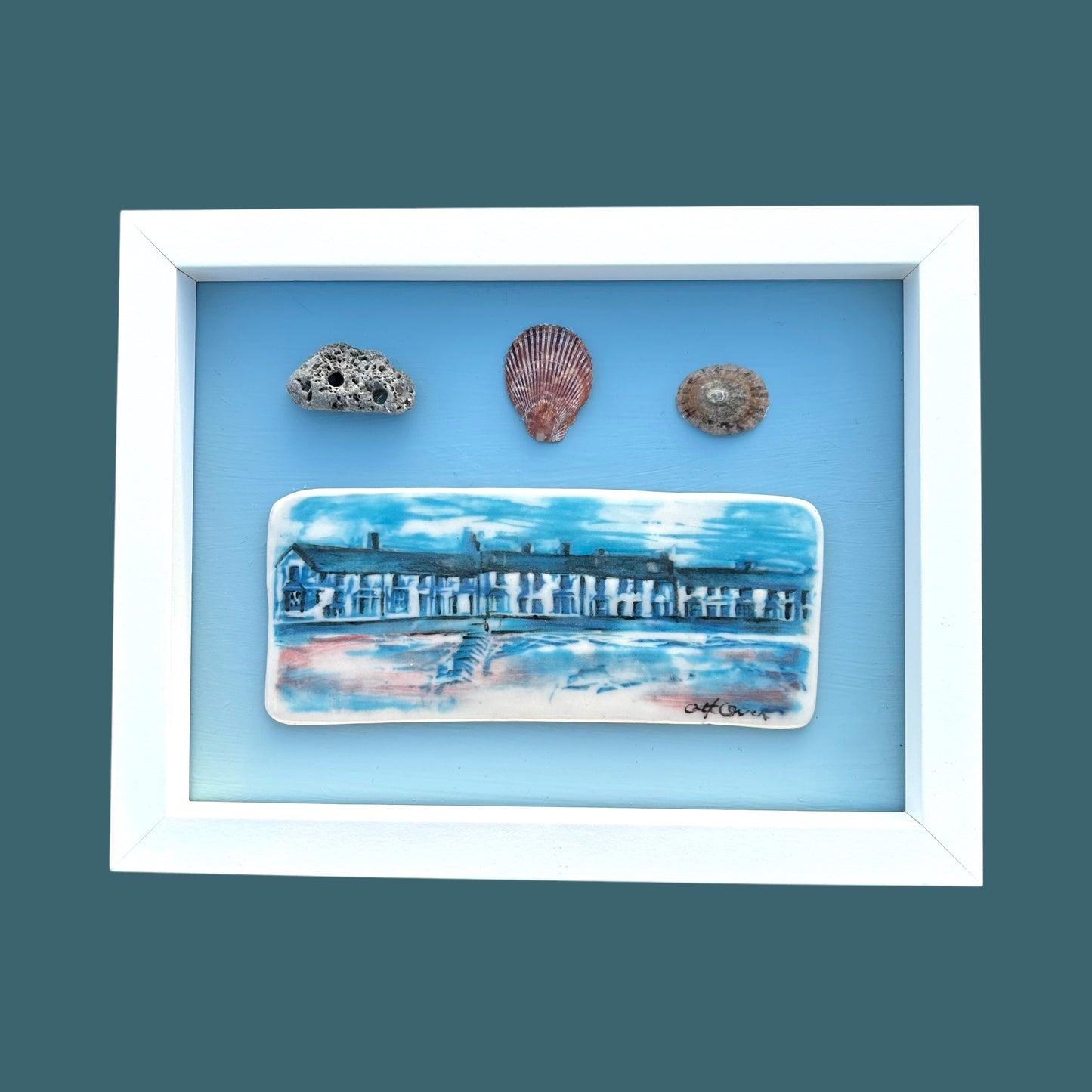 Seaside Houses with Shells Picture.Handmade Ceramic Wall Art.Llanfairfechan Beach.