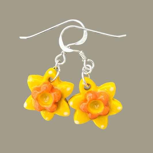 Daffodil Dangle porcelain Earrings.Sterling Silver.Welsh Earrings Gift.Flower Jewellery .Spring Flowers.