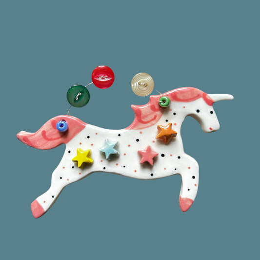 Rainbow Unicorn Decoration.Hanging Ceramic Decoration/ornament.Porcelain Unicorn with stars and buttons.Gift for Girl.Handmade